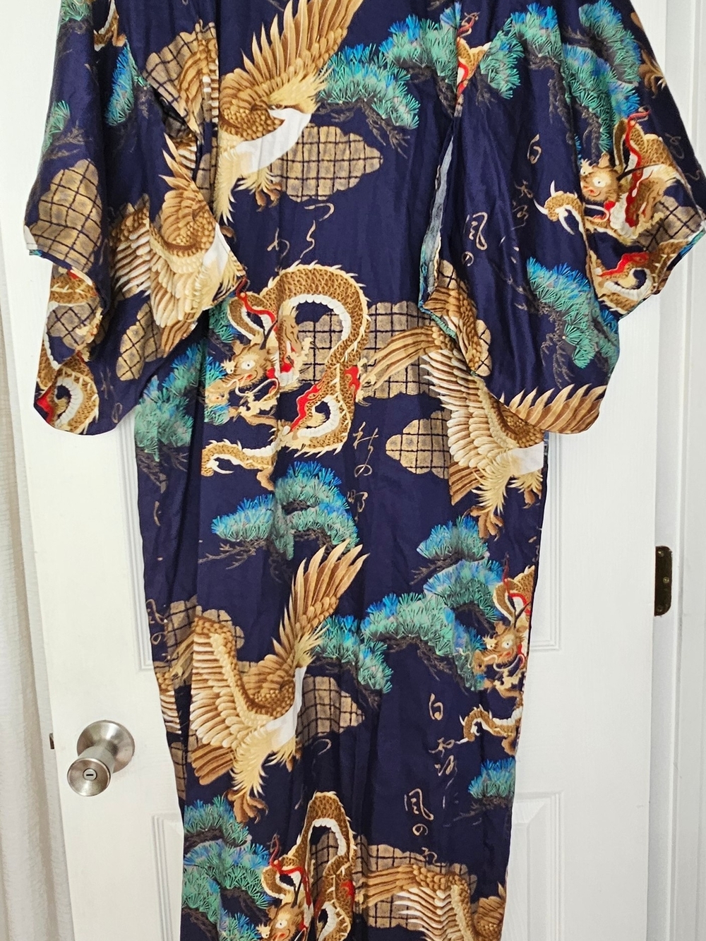 Women's Navy Dragon & Crane Printed Kimono Robe Witg Belt - Picture 4 of 6